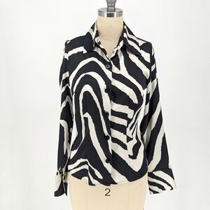 Sergio Hudson Target Zebra Satin Button Down Shirt Black White XXS animal retro